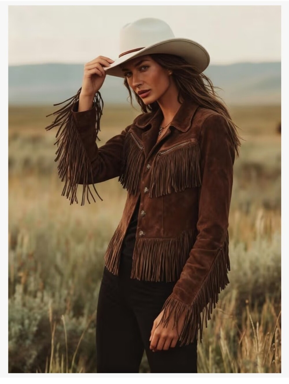 Brown Faux Suede Fringe Jacket - Women's Western Style Coat #101 - Picture 3 of 7
